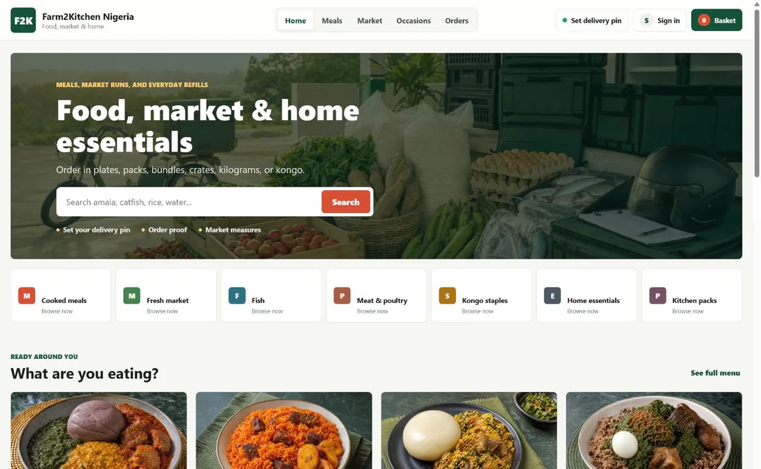 Farm2Kitchen food and market ordering interface