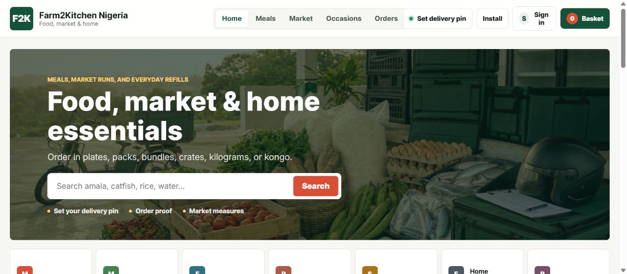 Farm2Kitchen food and market ordering interface